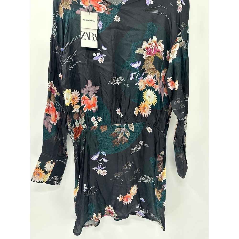 ZARA The Camila Dress Floral Oriental Print Long Sleeve Mini Dress Black Size M
